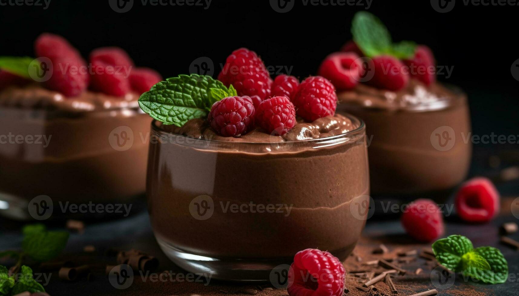 buongustaio dolce lampone mousse con buio cioccolato e fresco frutti di bosco generato di ai foto