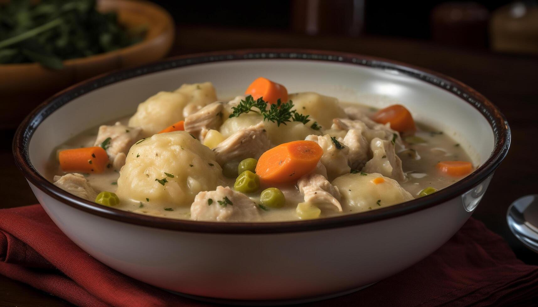 appena cucinato buongustaio pasto vegetariano stufato con brasato Maiale e pasta generato di ai foto