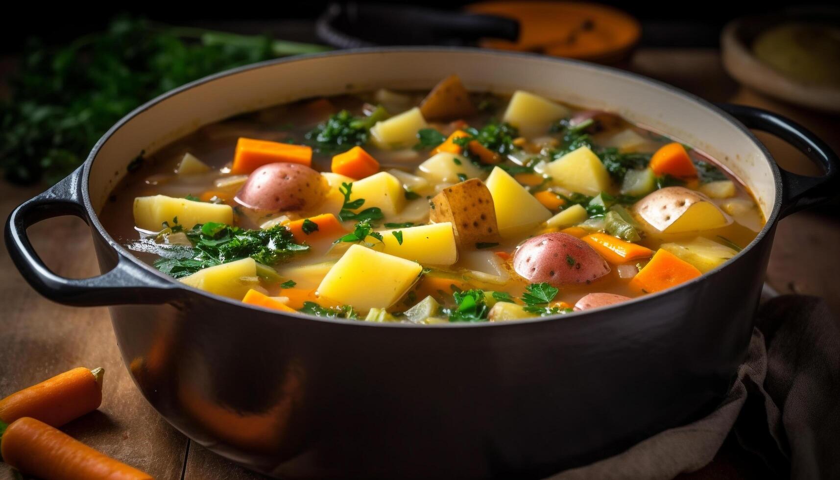 fresco, salutare verdure cucinato nel un' fatti in casa, vegetariano stufato generato di ai foto