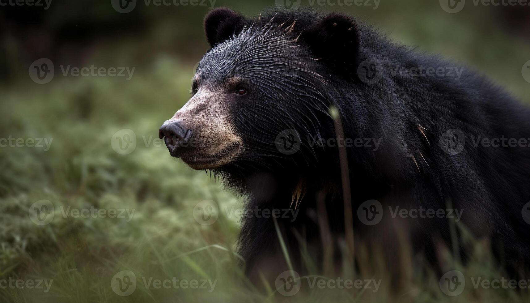 vicino su di un' carino grizzly orso a piedi nel un' verde prato generato di ai foto