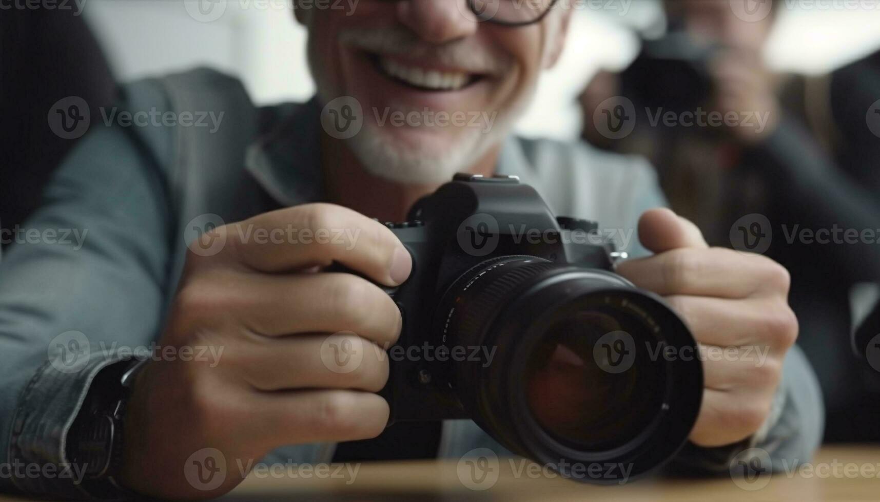 un' sorridente fotografo Tenere un' telecamera, cattura momenti con competenza generato di ai foto