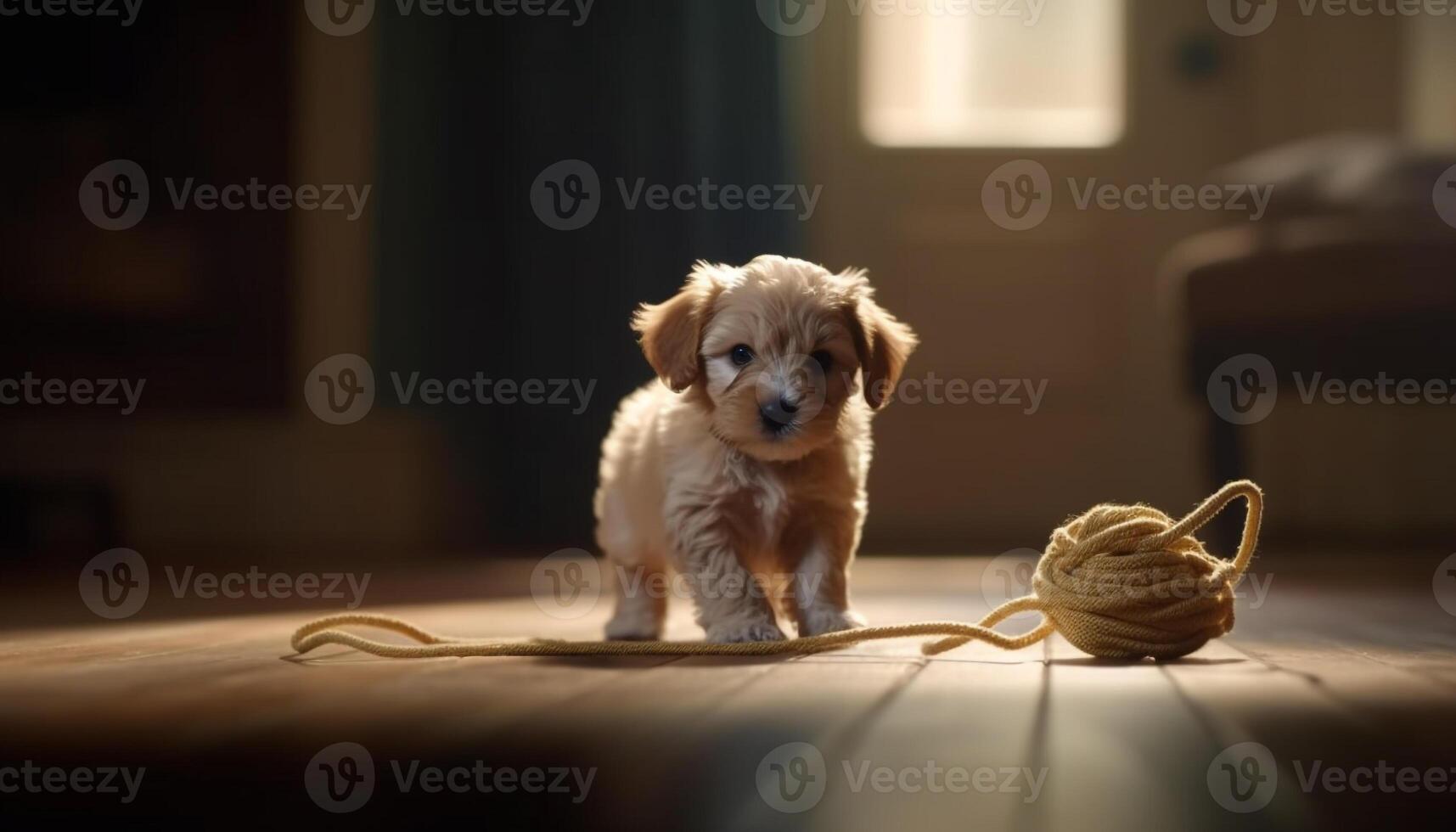 carino cucciolo giocando con giocattolo, guardare a telecamera, in casa generato di ai foto