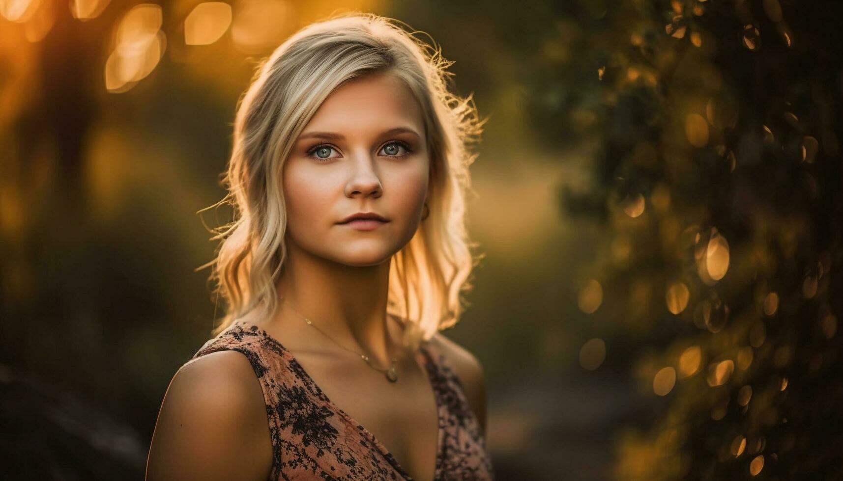 giovane donna nel autunno foresta, sorridente, bellezza nel natura, luce del sole generato di ai foto