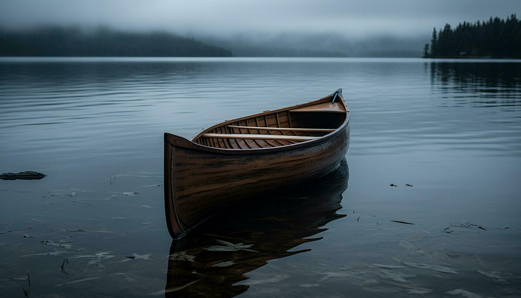 tranquillo scena di un' barca a remi su un' sereno, riflessivo stagno generato di ai foto
