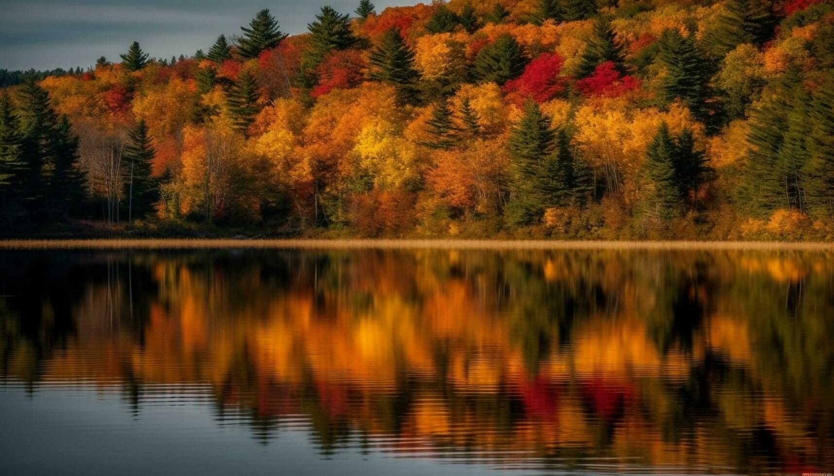 autunno foresta, natura bellezza, vivace colori riflettere su tranquillo stagno generato di ai foto