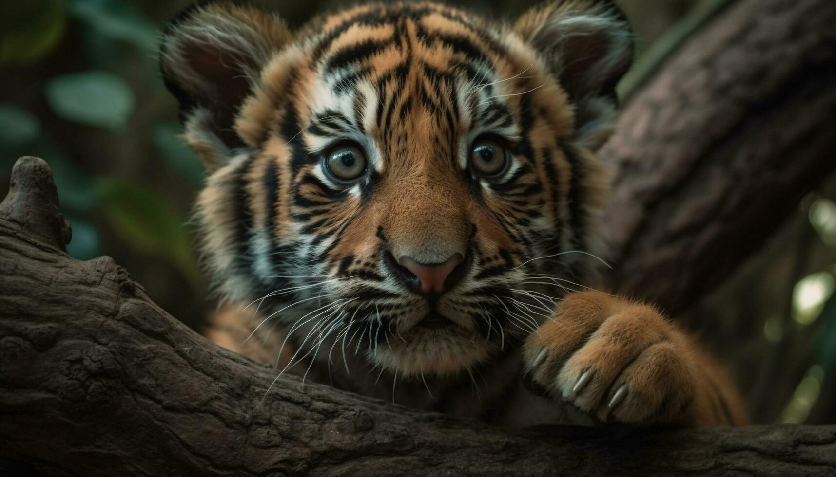 tigre cucciolo fissando, selvaggio bellezza nel natura, a strisce pelliccia, vicino su generato di ai foto