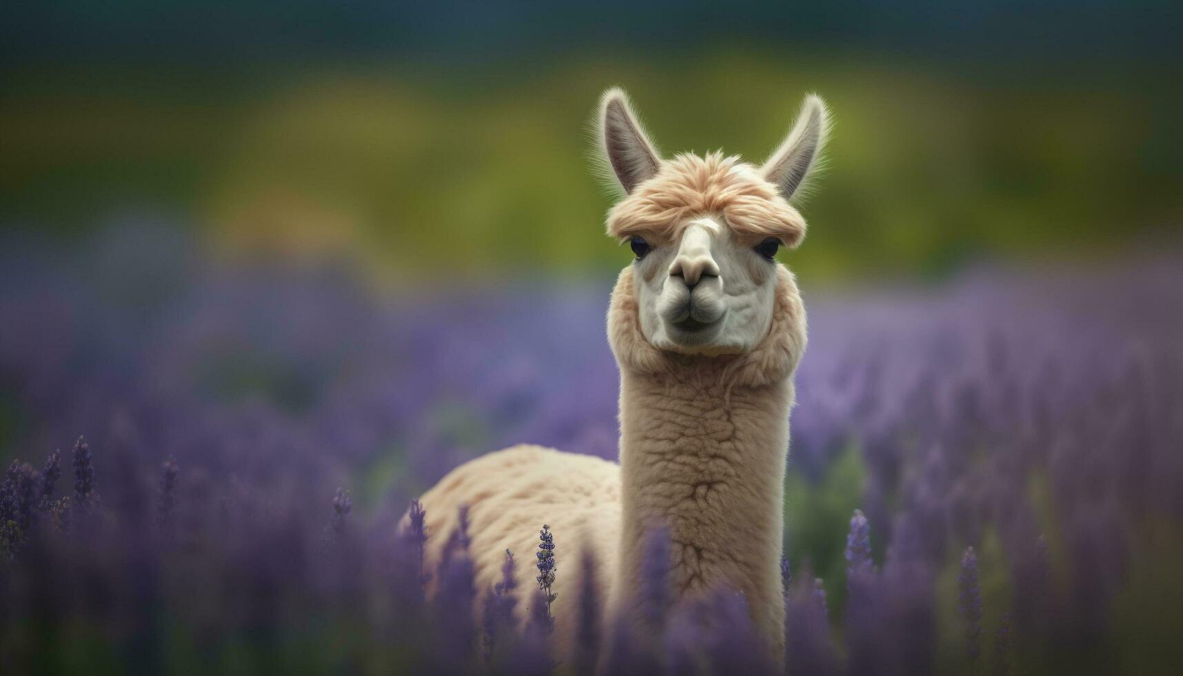 carino alpaca pascolo su verde prato, guardare a telecamera generato di ai foto