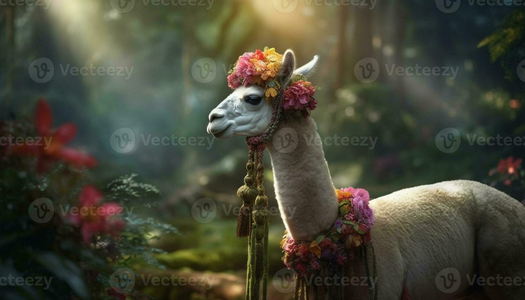 carino alpaca pascolo nel prato, circondato di colorato fiori generato di ai foto