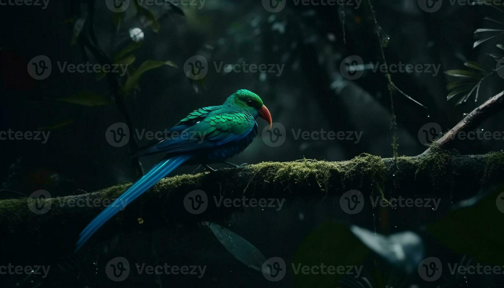 un' colorato uccello perching su un' ramo nel il foresta pluviale generato di ai foto