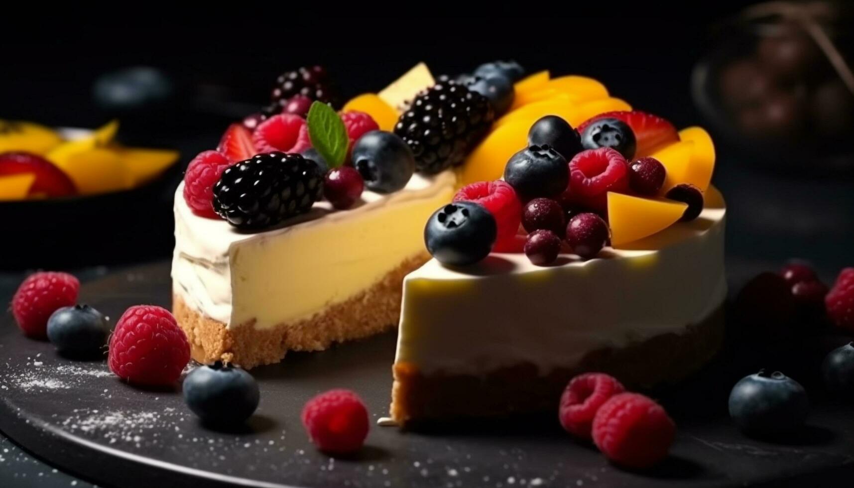 freschezza e indulgenza su un' piatto fatti in casa bacca torta di formaggio con cioccolato generato di ai foto