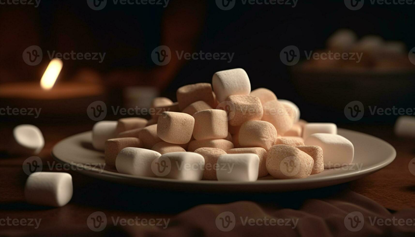 pila di soffice marshmallows su un' buio di legno tavolo generato di ai foto