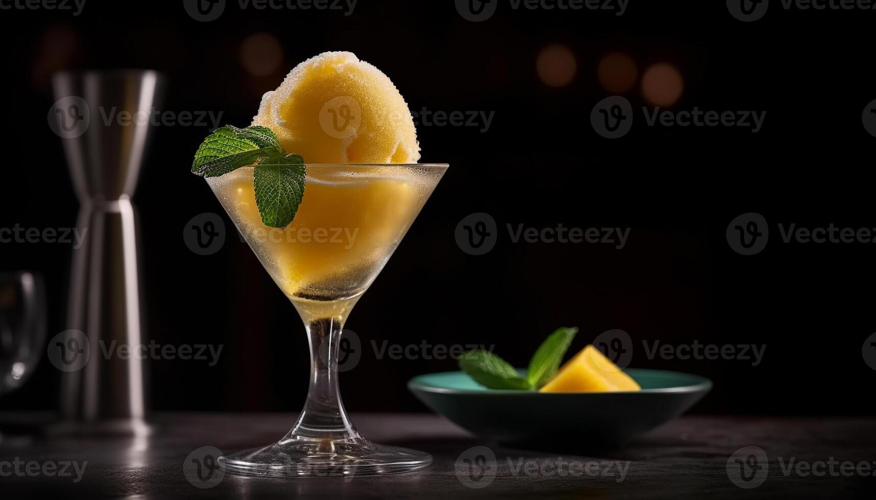 fresco frutta cocktail bevanda con menta foglia contorno su di legno tavolo generato di ai foto