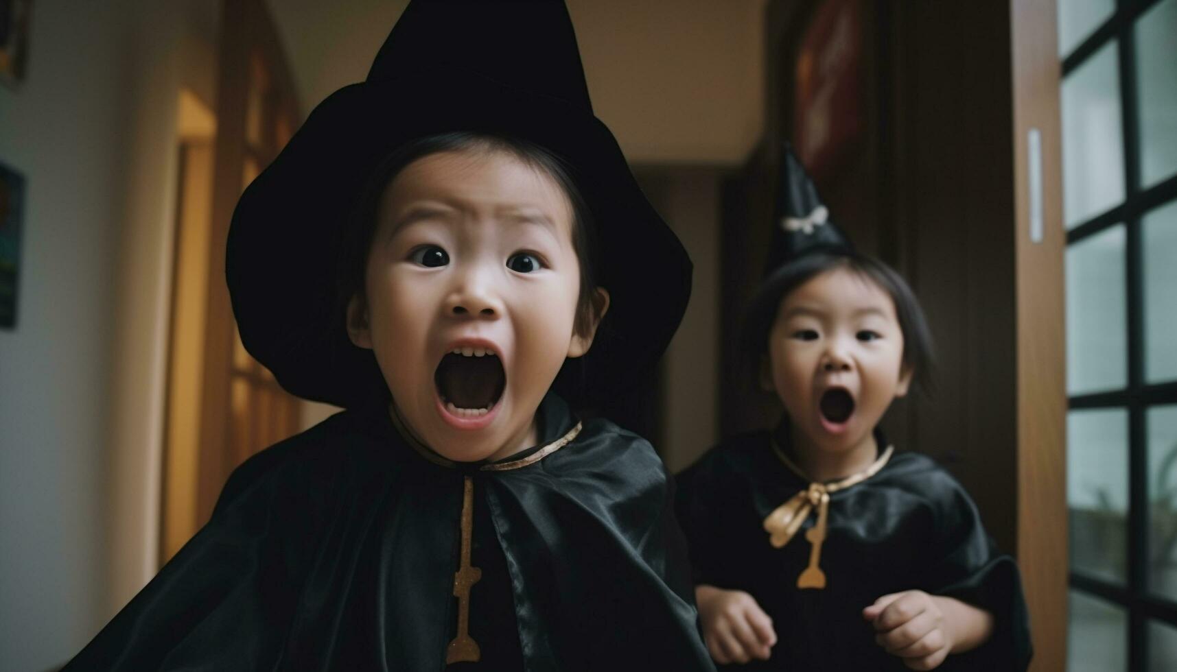 carino bambini nel Halloween costumi, ridendo e avendo divertimento generato di ai foto