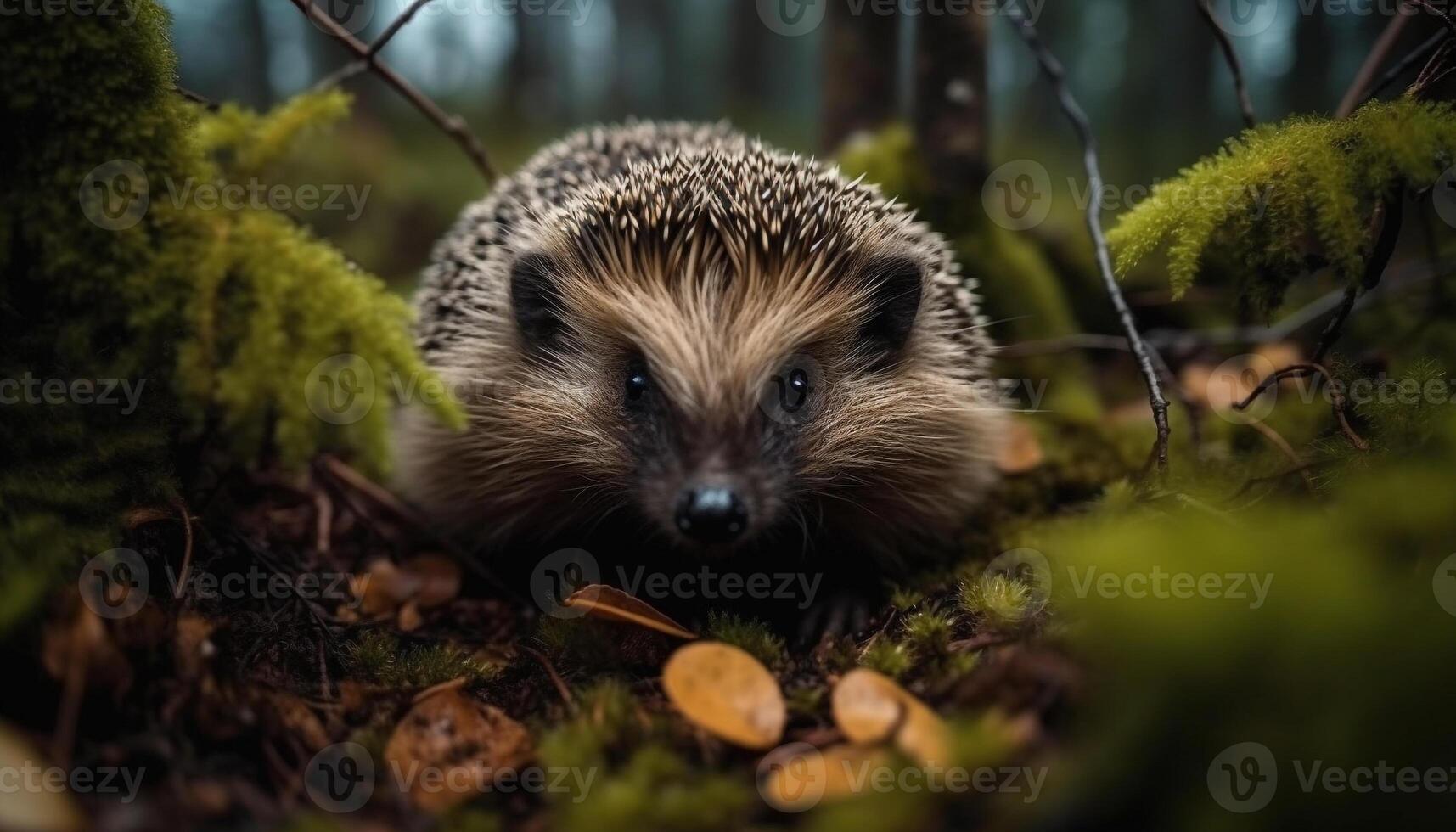 carino riccio nel il selvaggio, guardare a telecamera nel foresta generato di ai foto