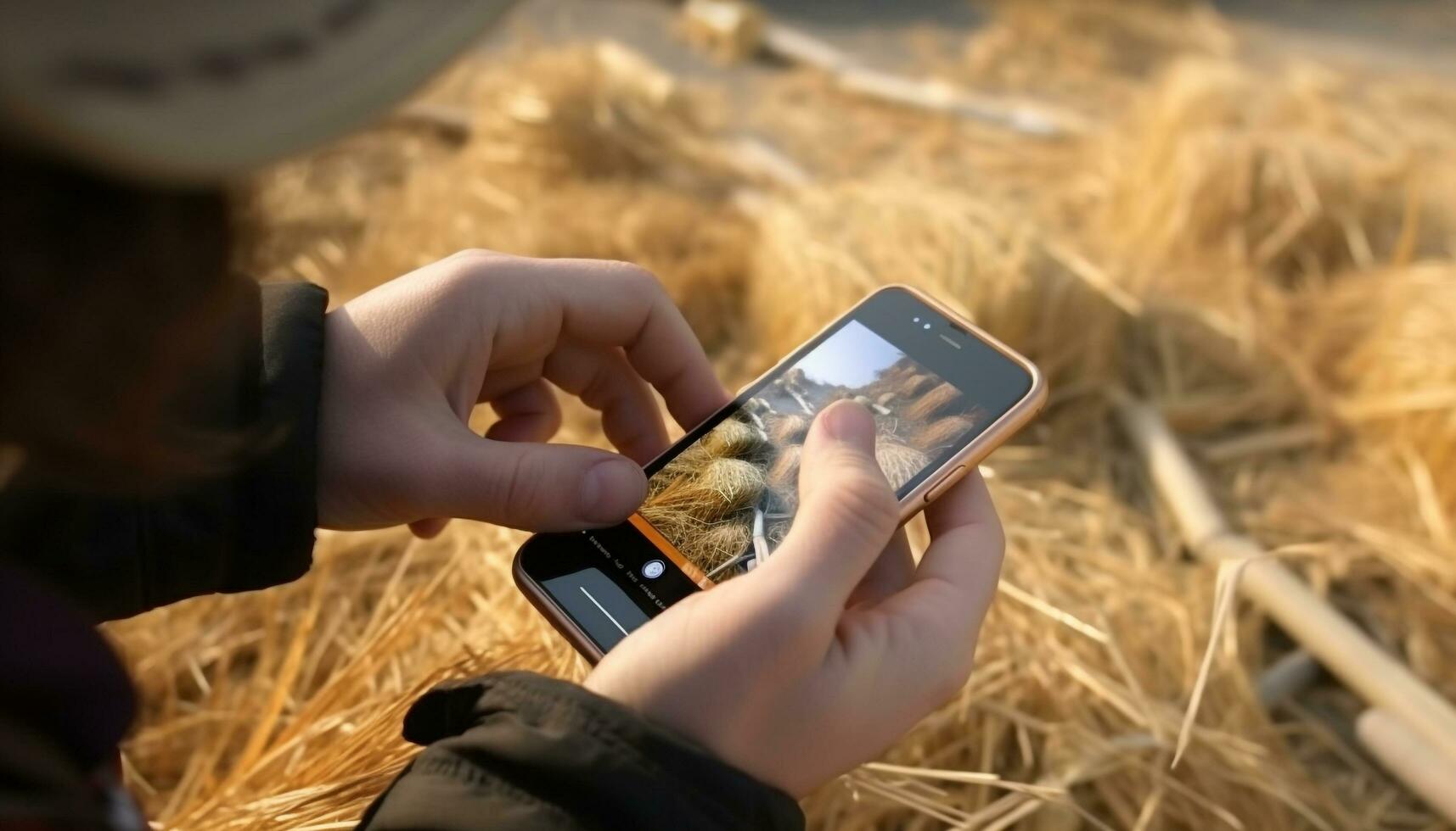 un' donna Tenere un' mobile Telefono, Fotografare natura all'aperto generato di ai foto