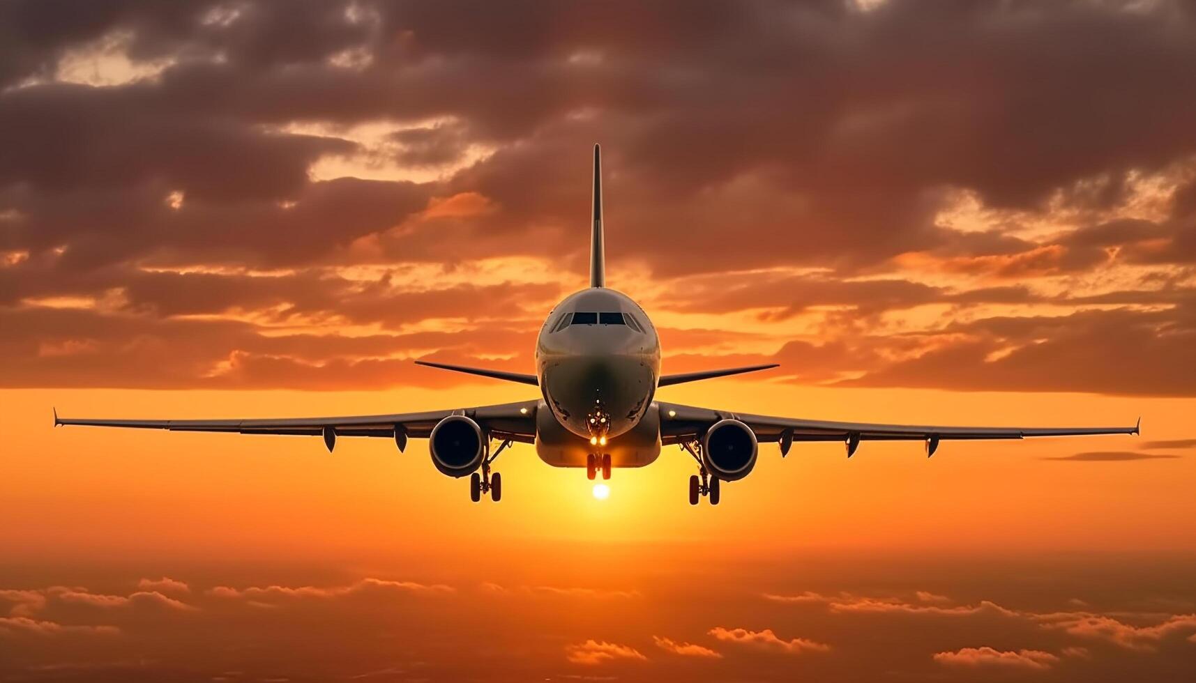 aereo volante a tramonto, trasporto viaggiatori nel il crepuscolo cielo generato di ai foto