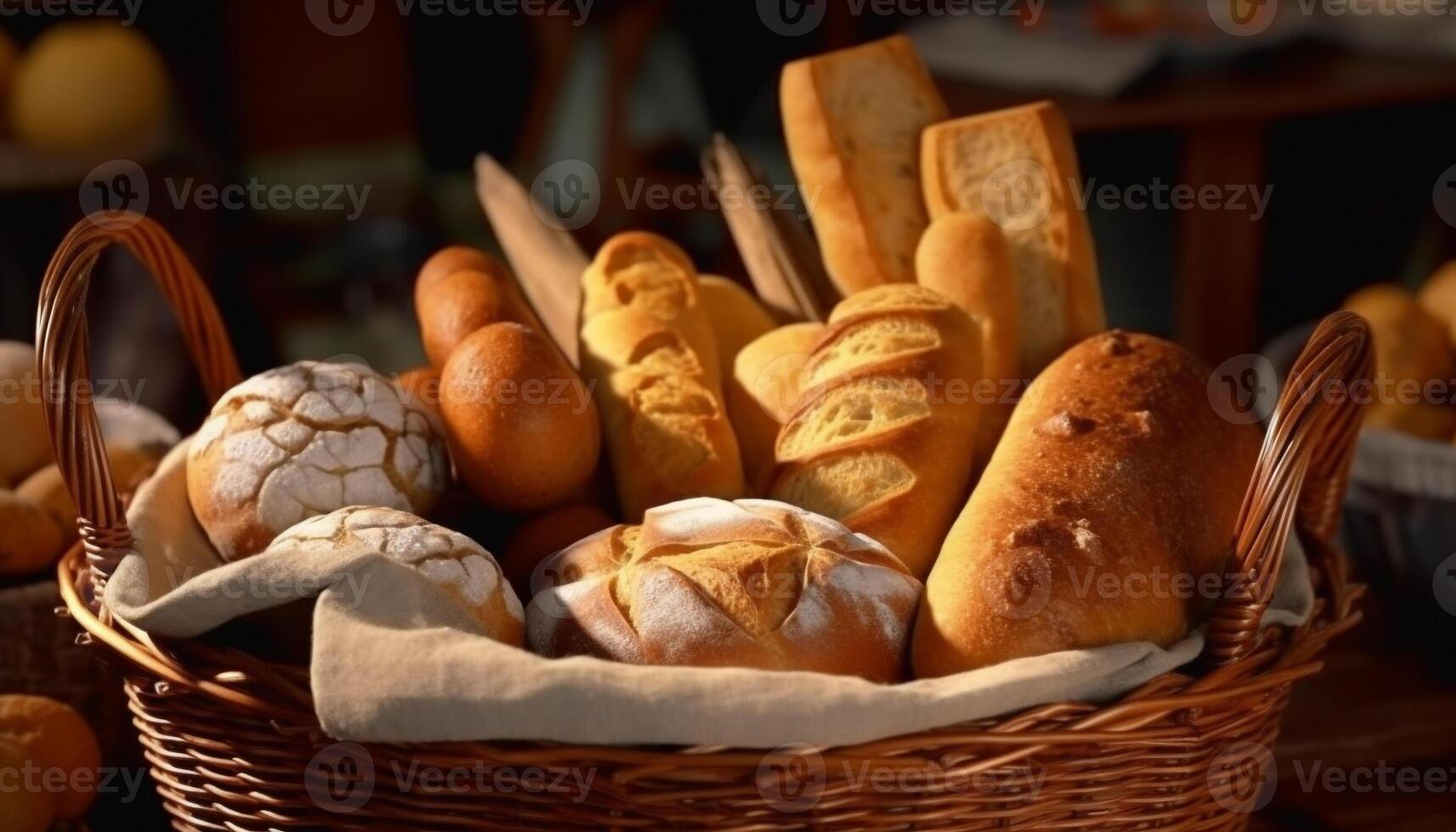 appena al forno pane nel un' di vimini cestino, un' buongustaio francese merenda generato di ai foto