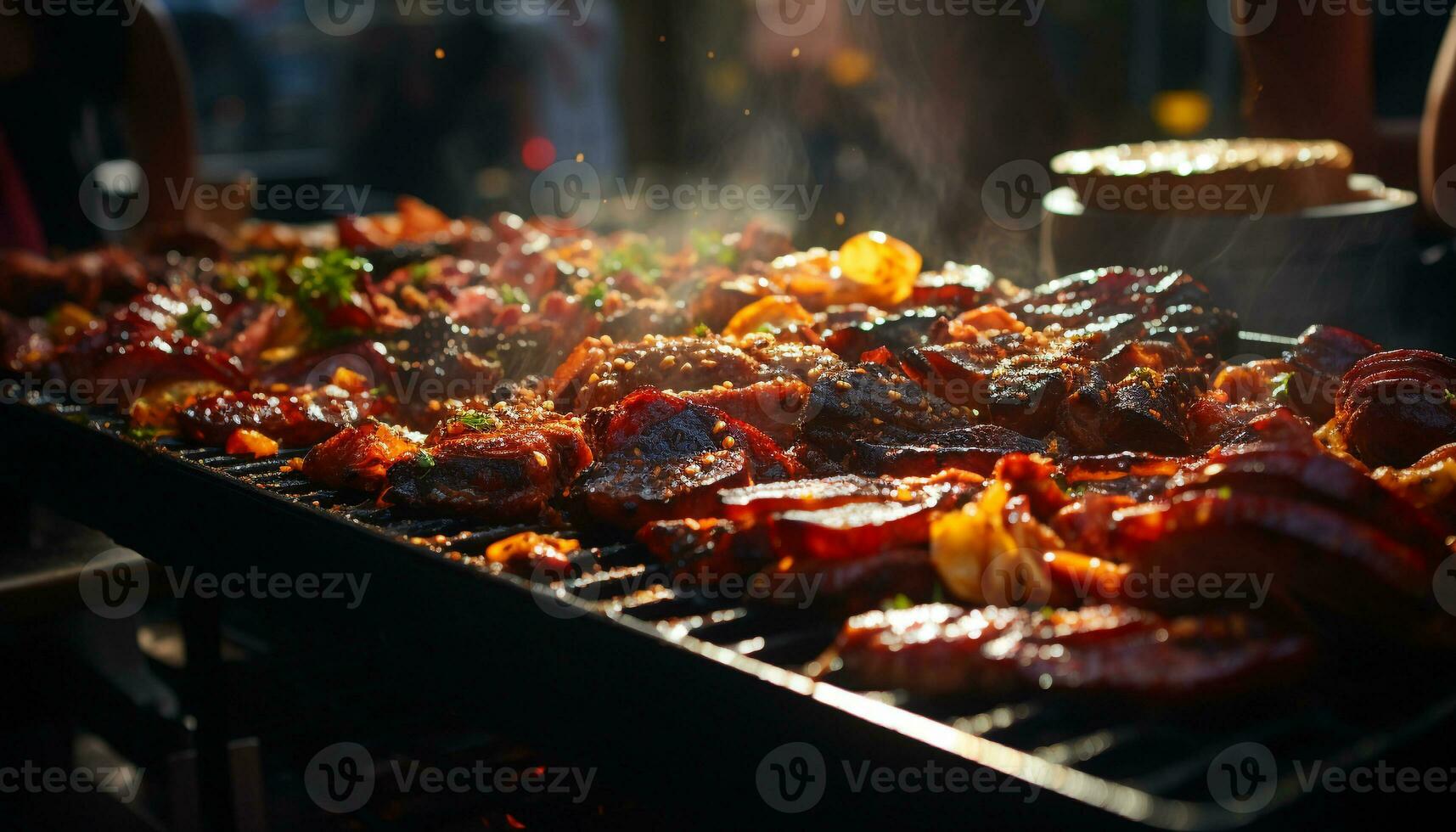 grigliato carne su barbecue, un' delizioso all'aperto pasto con amici generato di ai foto