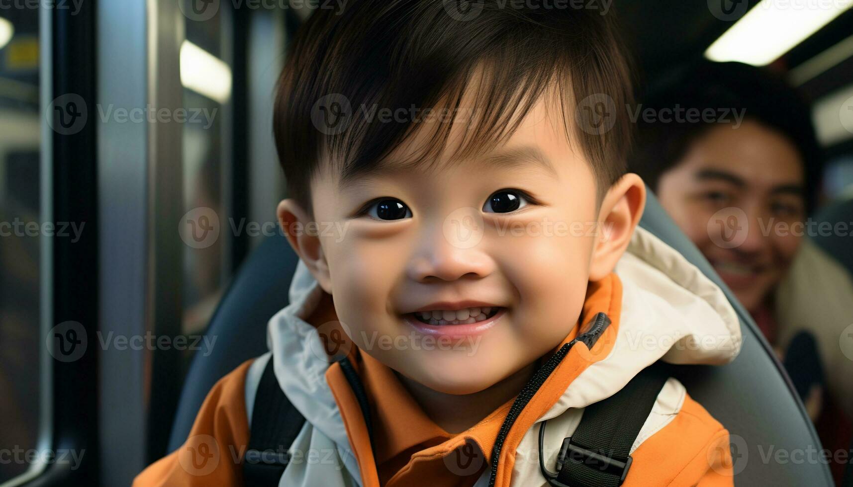 sorridente Cinese ragazzo godendo un' gioioso auto viaggio con famiglia generato di ai foto