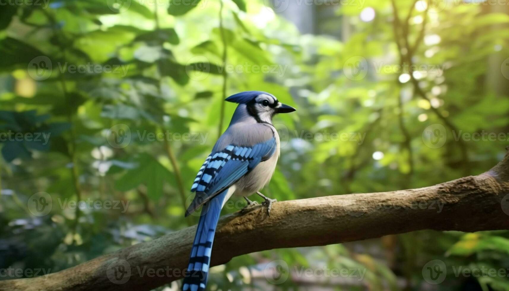 un' bellissimo blu uccello perching su un' ramo nel il foresta generato di ai foto