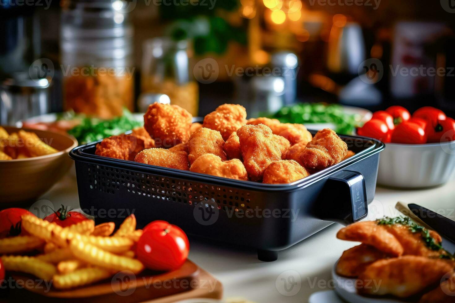 d'oro fritte pollo pepite su elegante cucina ambientazione - generativo ai foto