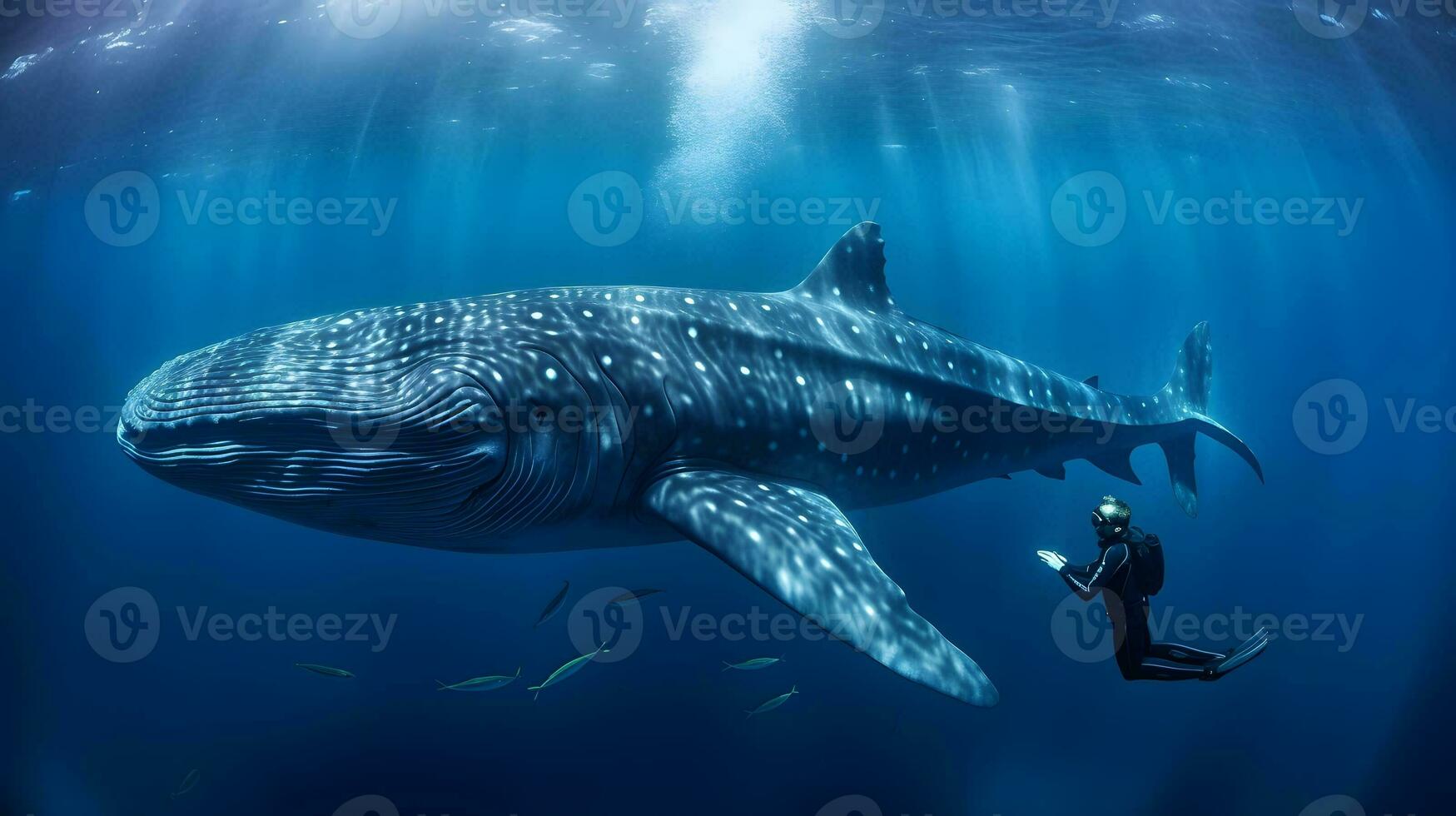 persona immersione con balena nel in profondità blu oceano. ai generato foto