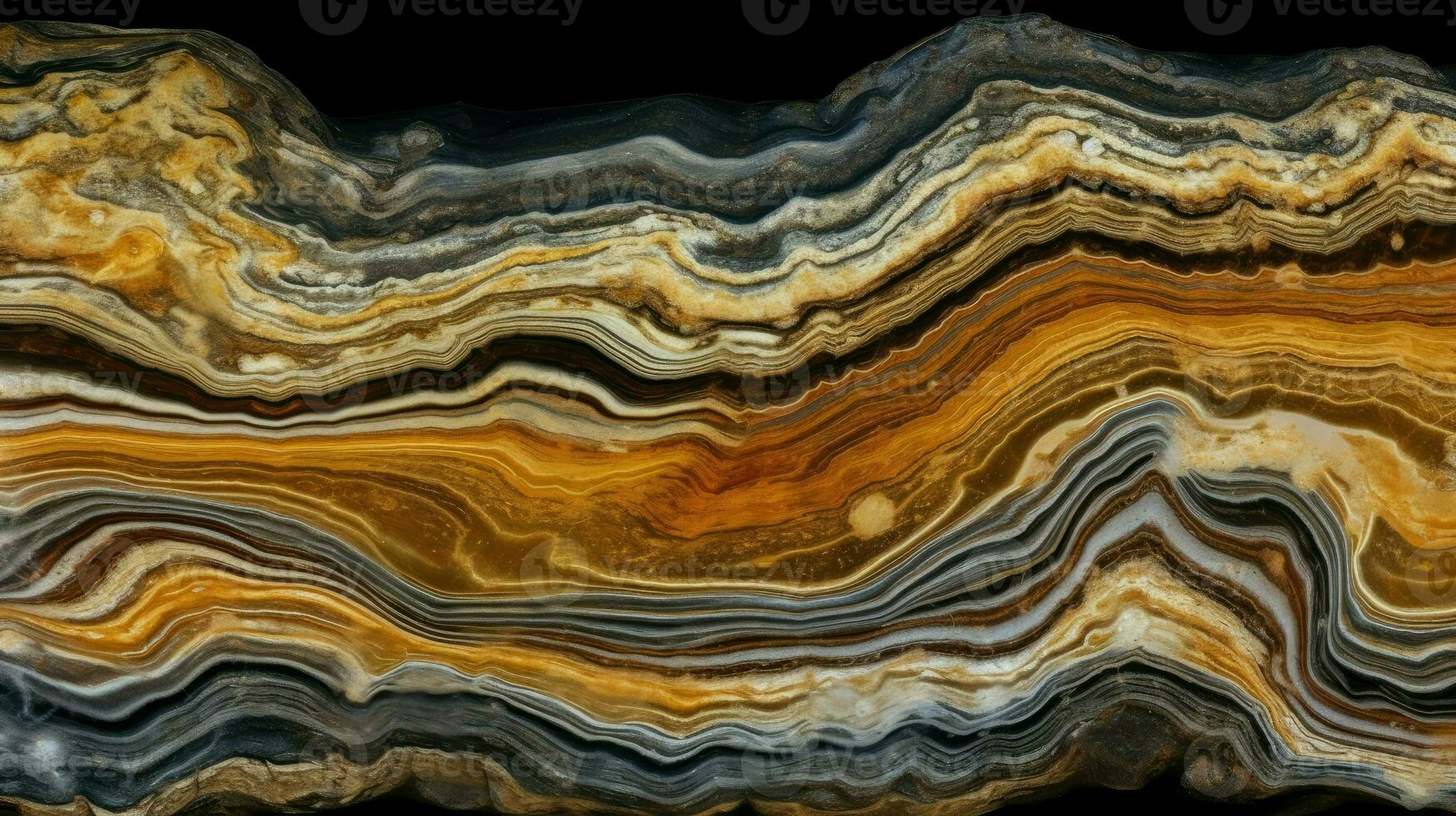 un' bellissimo modello su il superficie di un' lastra di nero marmo con giallo e bianca vene ai generativo foto