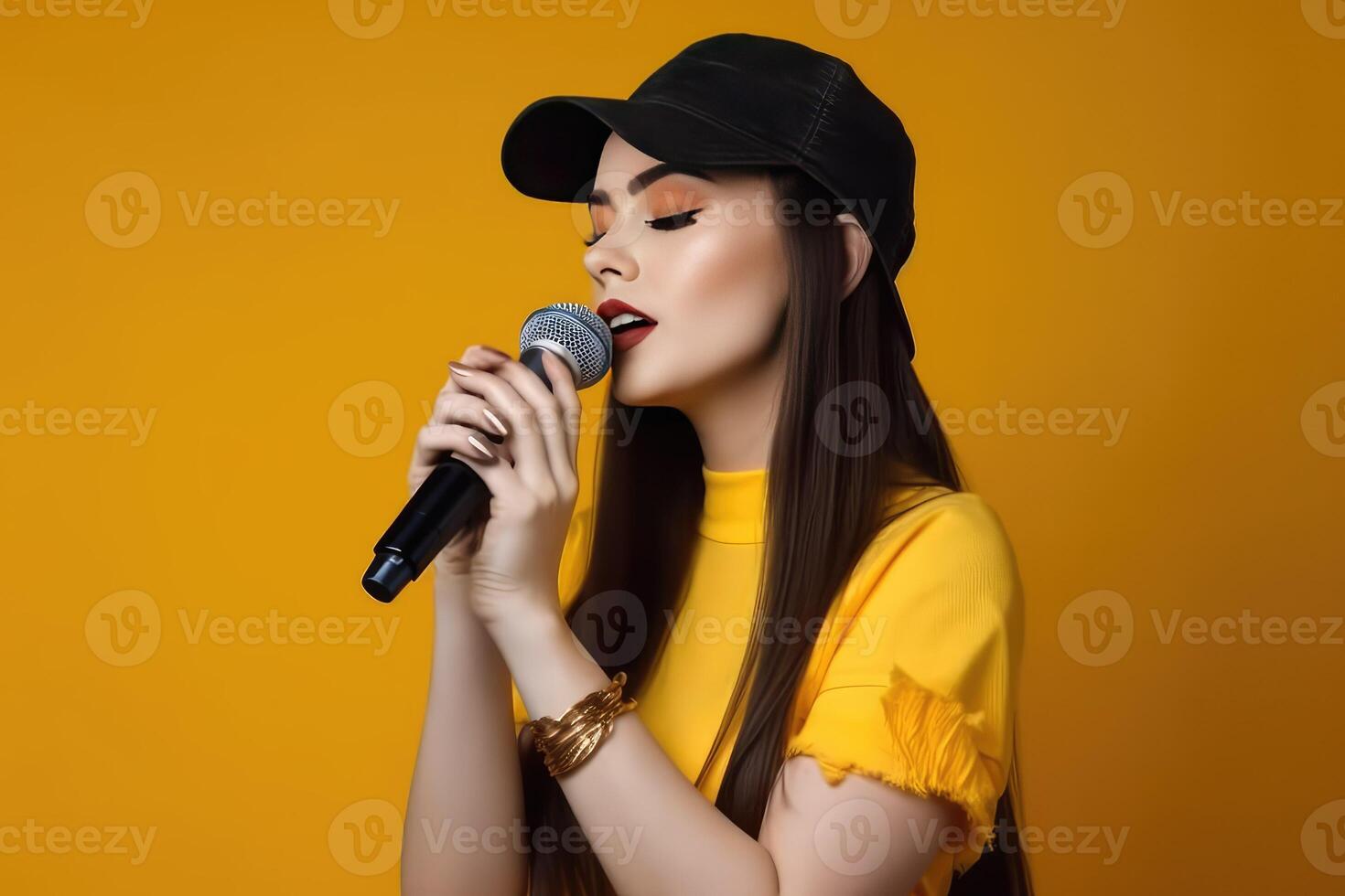 femmina cantante cantando in un' mic ai generativo foto