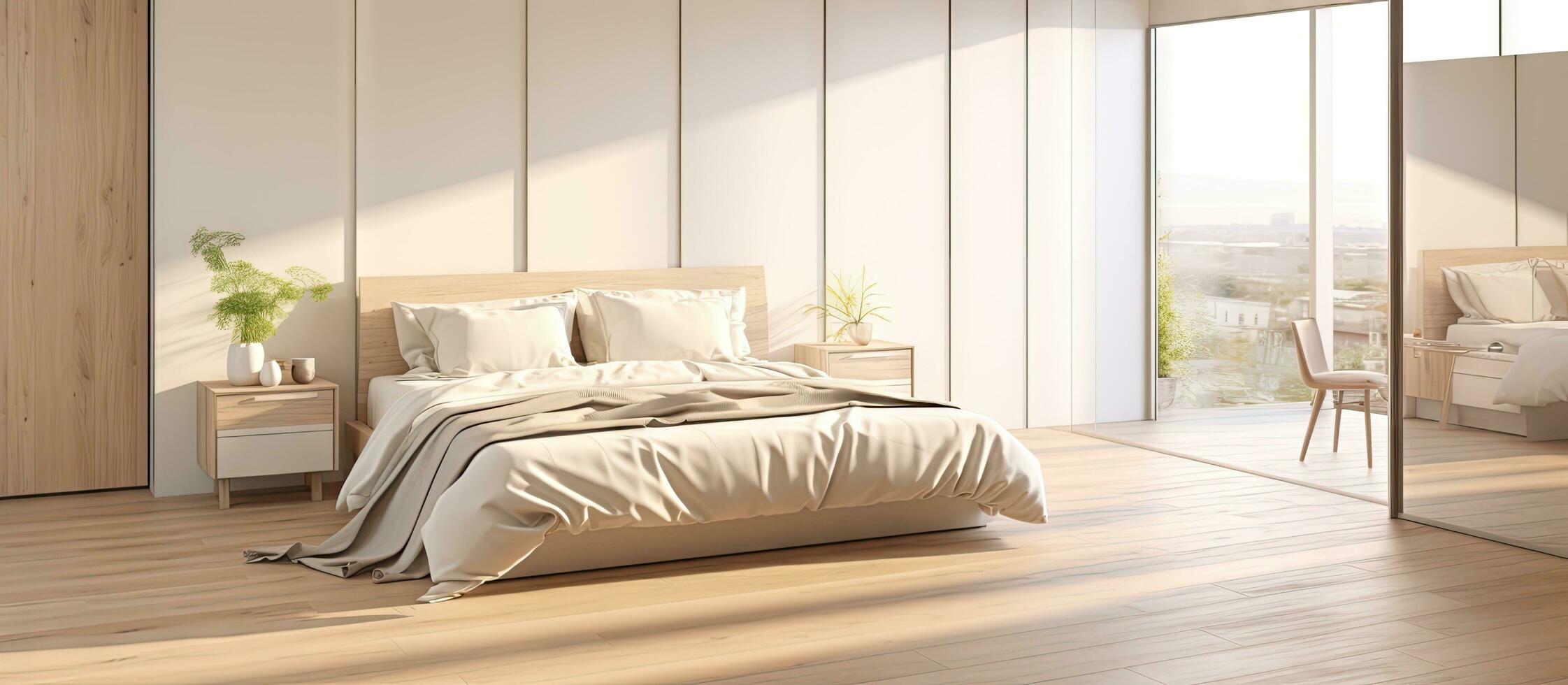 moderno Camera da letto con accogliente letto su legna pavimento di bianca armadio e specchio nel naturale leggero foto