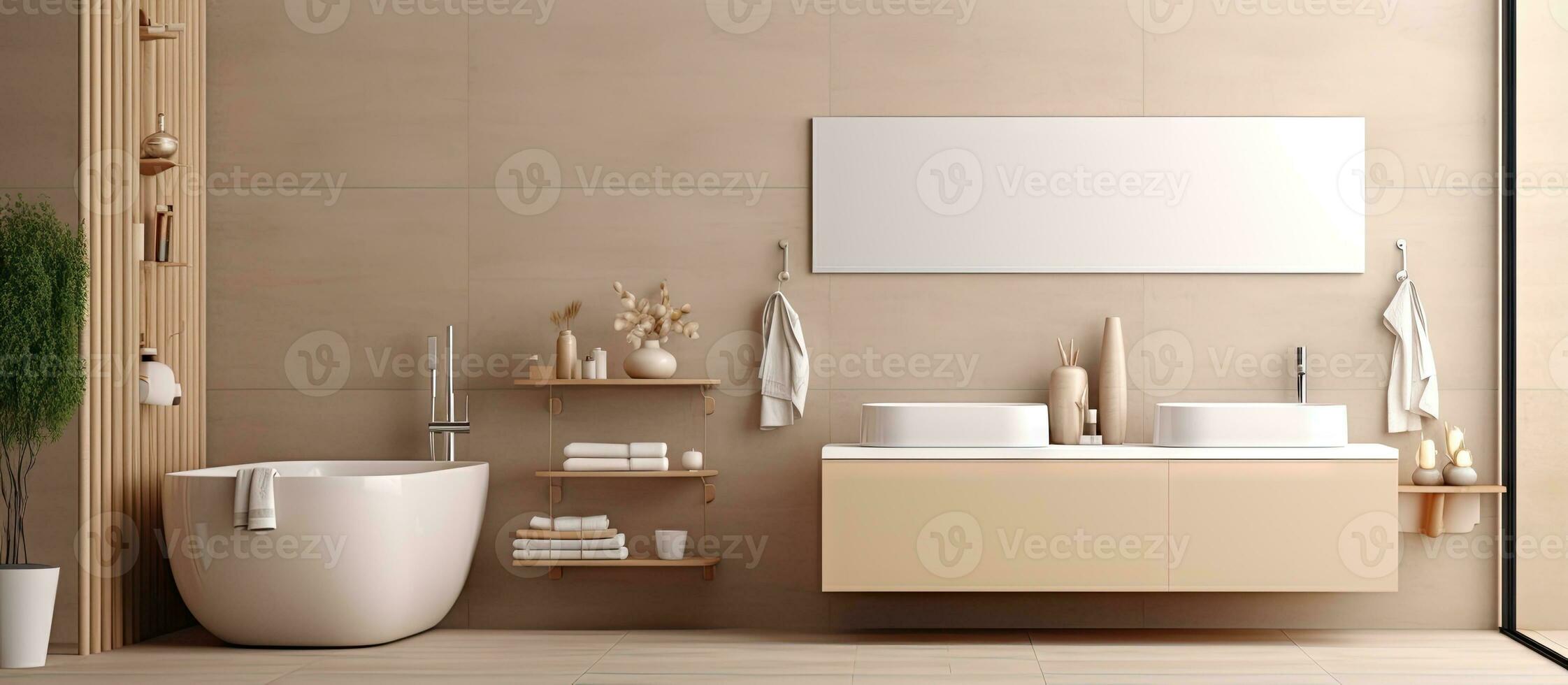 pulito e organizzato bagno con doccia lavabo e vasca da bagno mostrato nel illustrazione foto