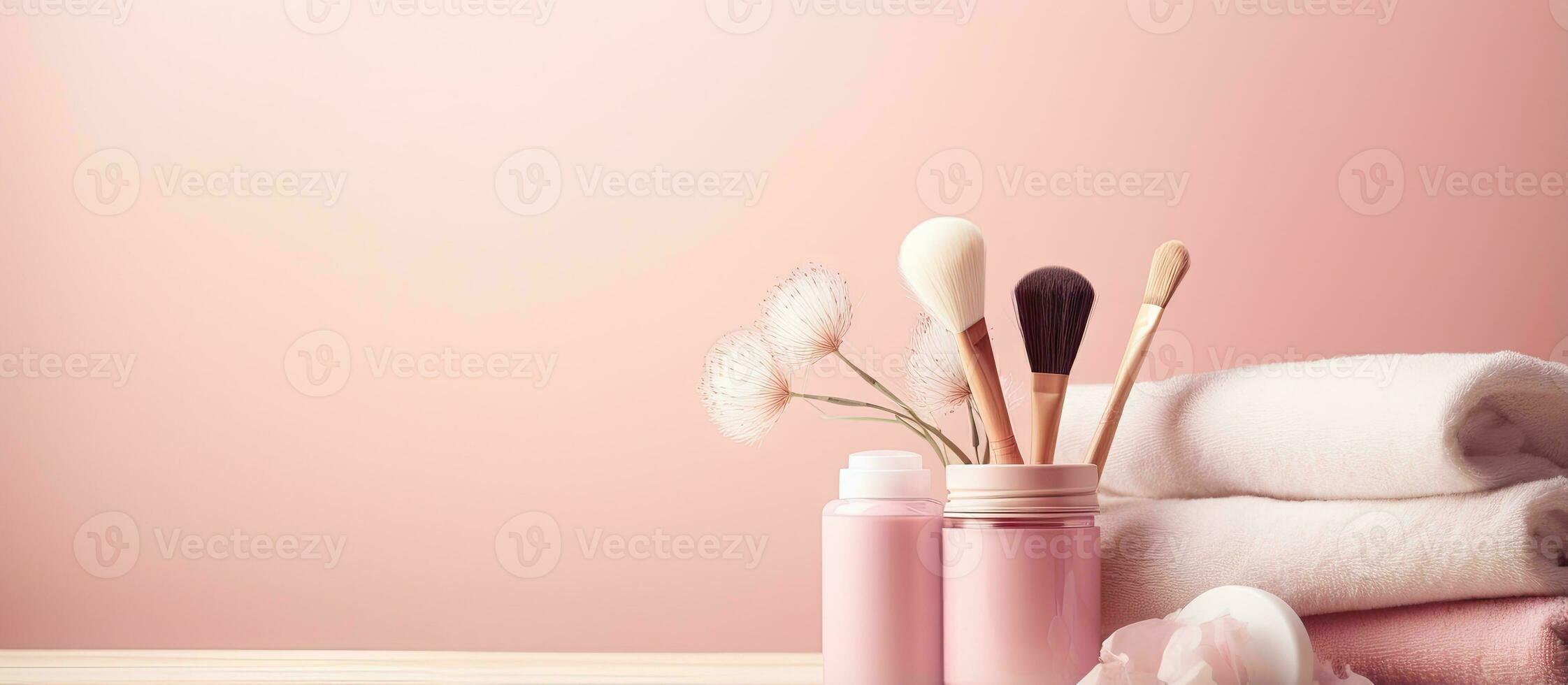 finto su di bagno arredamento con morbido illuminazione pastello rosa sfondo e vario cosmetico Accessori foto