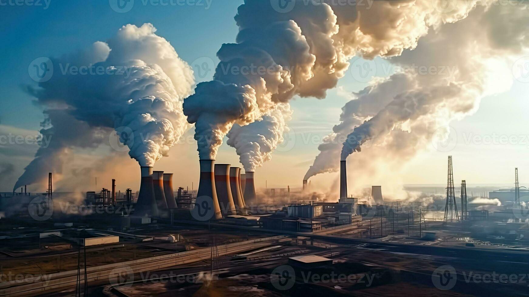 Affronto aria inquinamento - sforzandosi per un' addetto alle pulizie ambiente in mezzo industria - generativo ai foto
