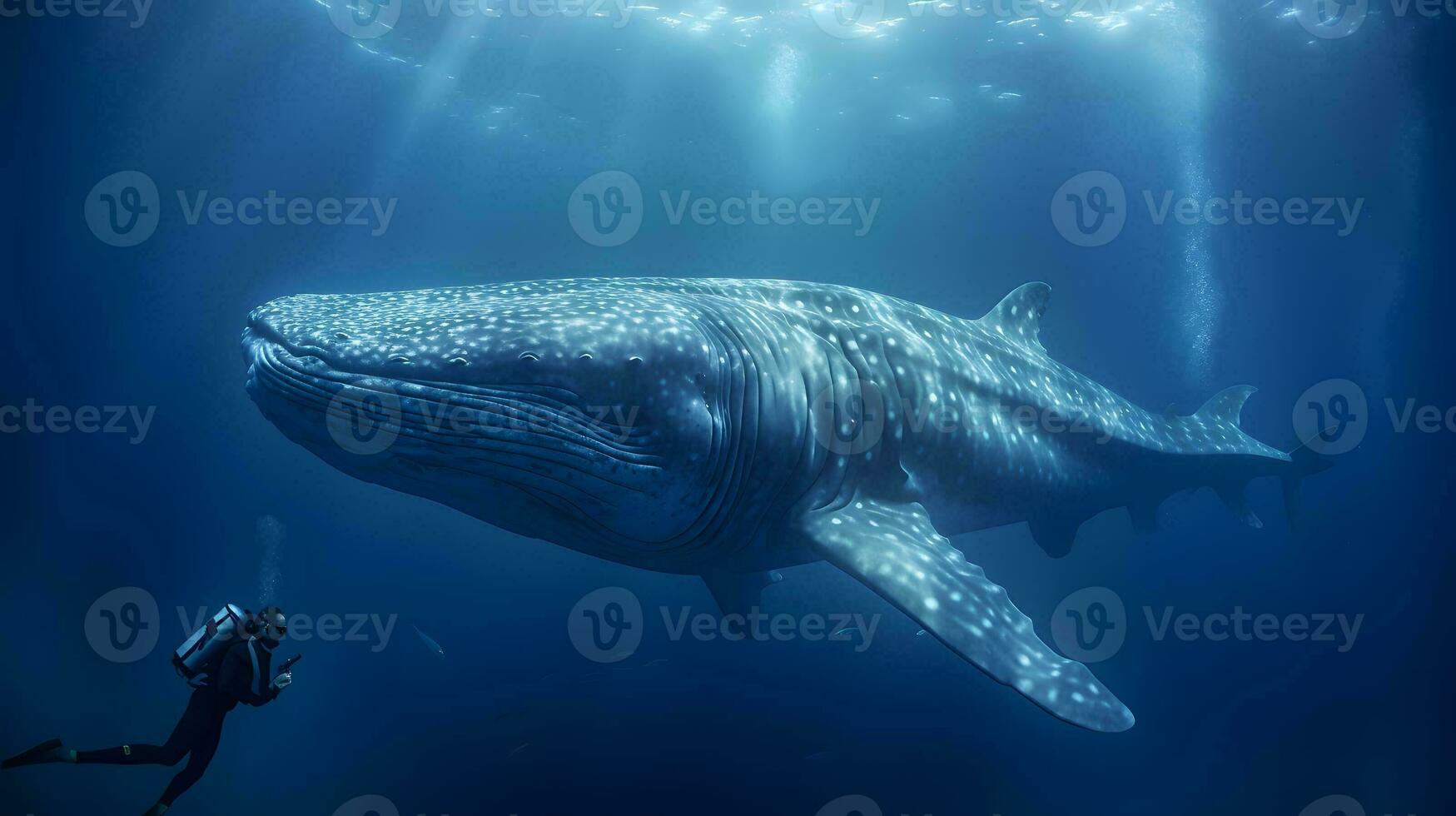 persona immersione con balena nel in profondità blu oceano. ai generato foto