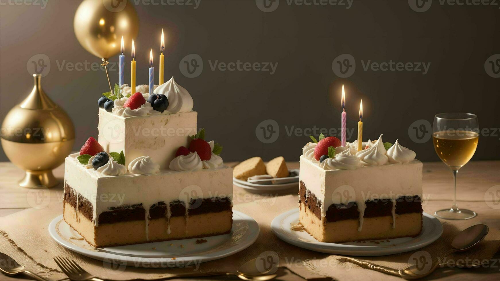 un' celebrazione di diletto con un elegante compleanno torta d'oro ai generato foto