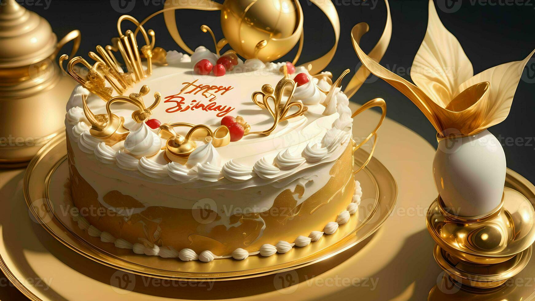 un' celebrazione di diletto con un elegante compleanno torta d'oro ai generato foto