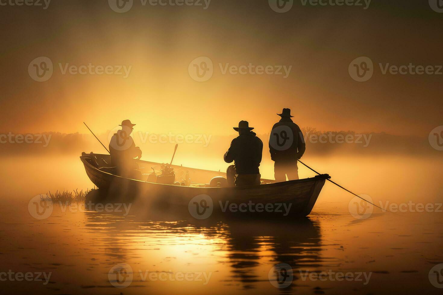 pescatori nel barca a Alba, sagome di persone su lago o fiume. generativo ai foto