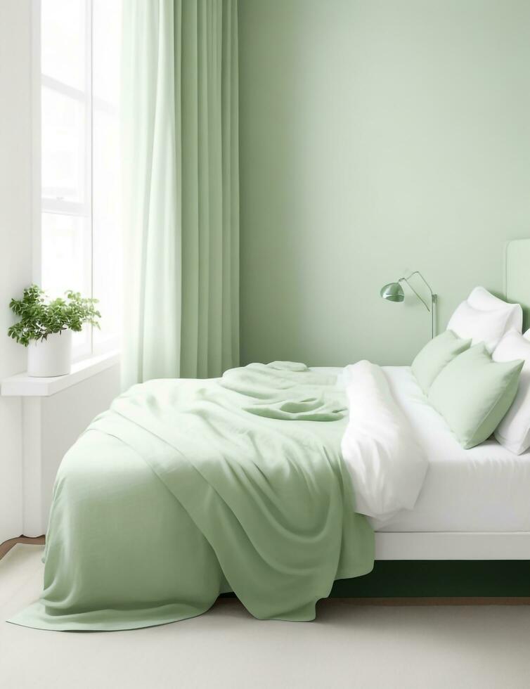 un' minimalista Camera da letto con un' leggero verde parete, un' semplice letto con un' strutturato cuscino, e un' leggero coperta drappeggiato al di sopra di il bordo. generativo ai foto