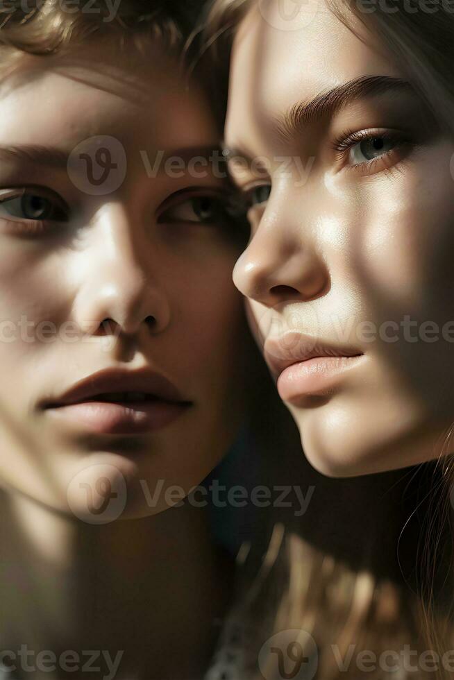 ritratto di Due bionda donne, avvicinamento, naturale morbido illuminazione, ai generato arte foto