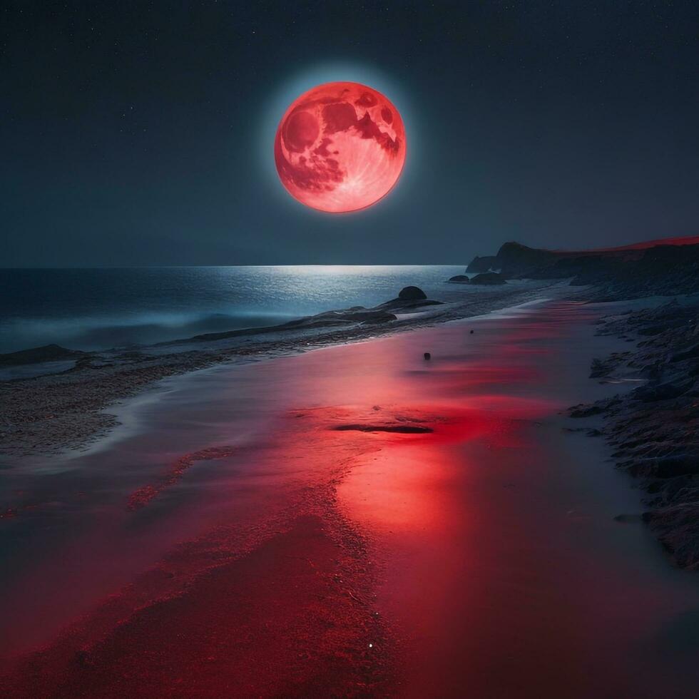 un' misterioso spiaggia a notte, illuminato di un' rosso Luna, con il buio mare allungamento su in il orizzonte. ultra realistico. generativo ai foto