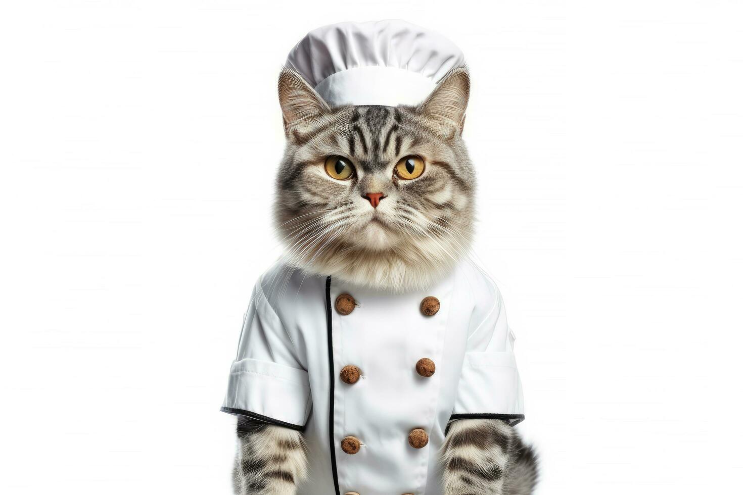 carino soffice gattino gatto capocuoco con costume pronto per cucinando per cena isolato su bianca sfondo, divertente momento, animale domestico concetto, con generativo ai. foto