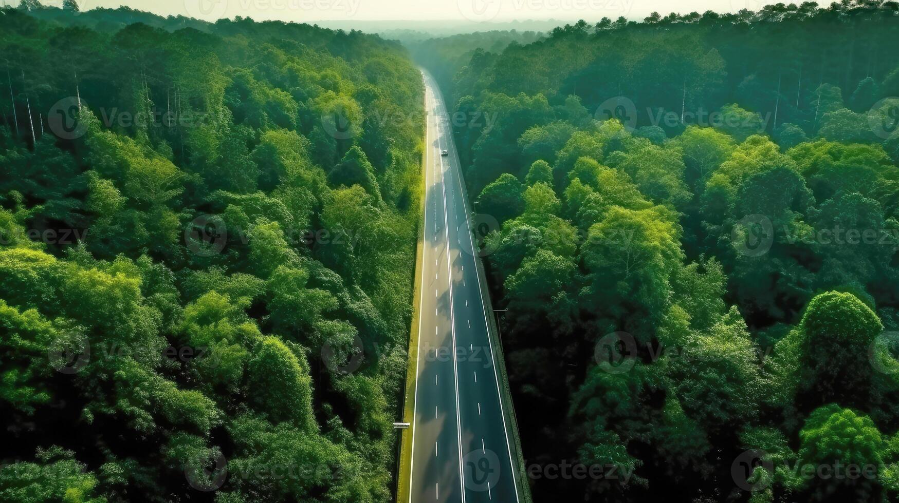 aereo superiore Visualizza di asfalto strada attraverso verde foresta, salutare pioggia foresta, ambiente, Salute, verde economia, Visualizza di natura ecosistema per Salva terra con generativo ai. foto