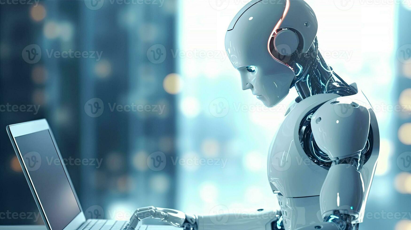 artificiale intelligenza, o ai robot Lavorando a ufficio di utilizzando computer il computer portatile e digitando tastiera del computer, tecnologia nel futuro, comunicazione Rete. con generativo ai. foto