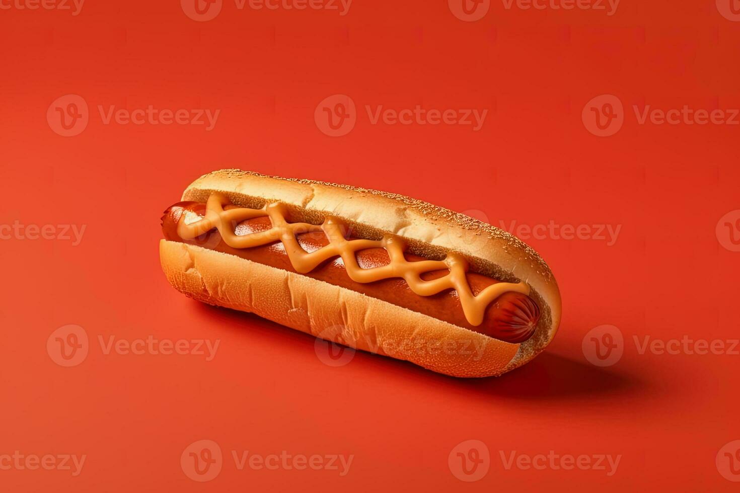 caldo cane con mostarda e ketchup isolato su un' rosso sfondo. ai generato foto