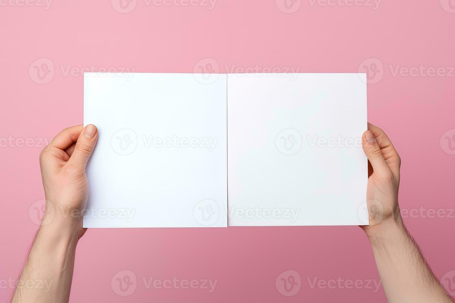 un' umano mano Tenere un' vuoto foglio di bianca carta o carta isolato su rosa sfondo. ai generato foto