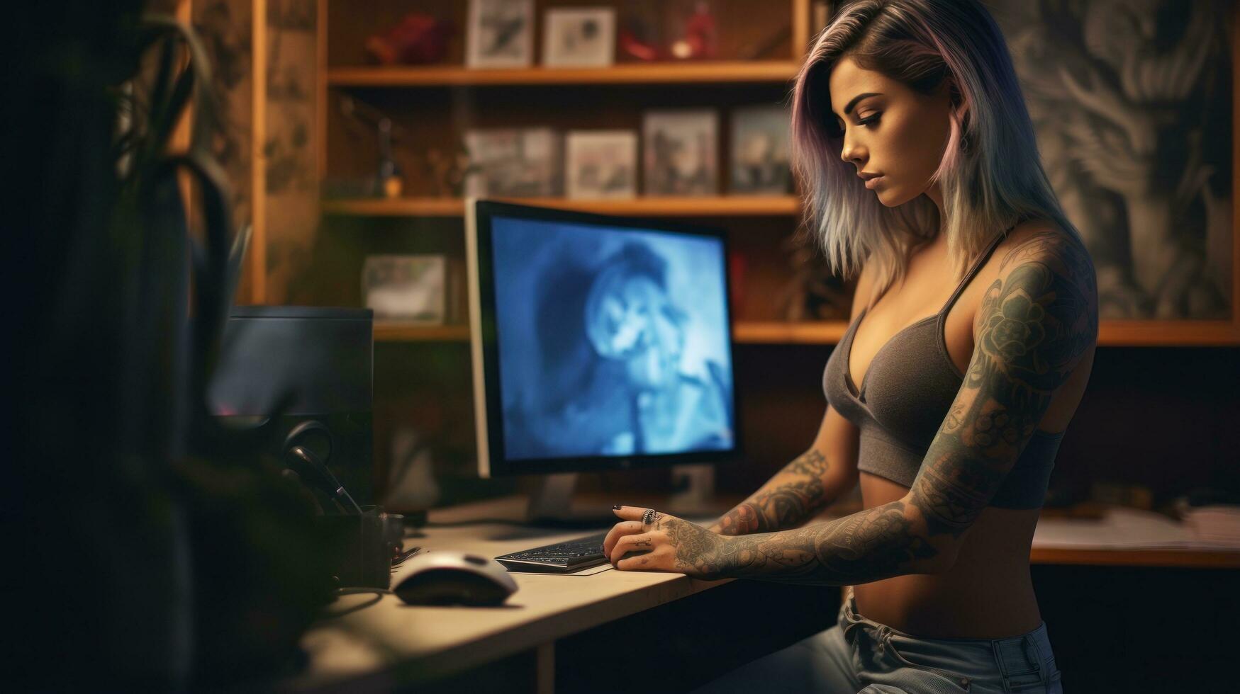 ragazza con tatuaggio seduta con il computer portatile foto