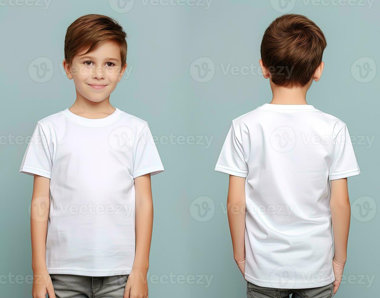 davanti e indietro visualizzazioni di un' poco ragazzo indossare un' bianca maglietta. ai generato foto