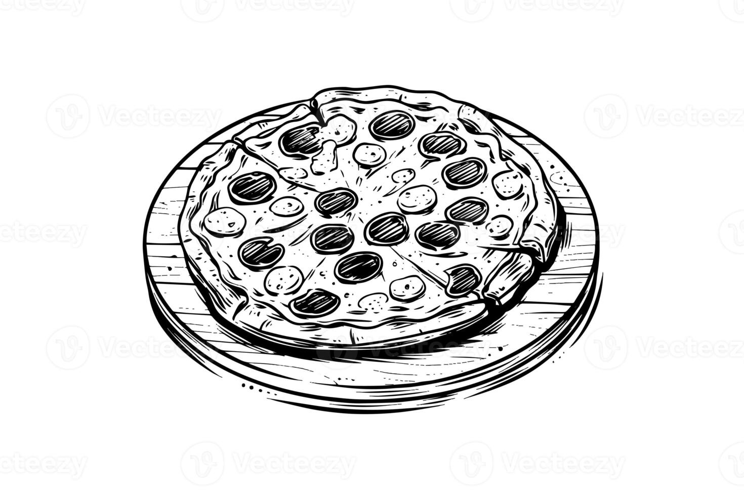 affettato Pizza schizzo mano disegnato incisione stile vettore illustrazione. foto