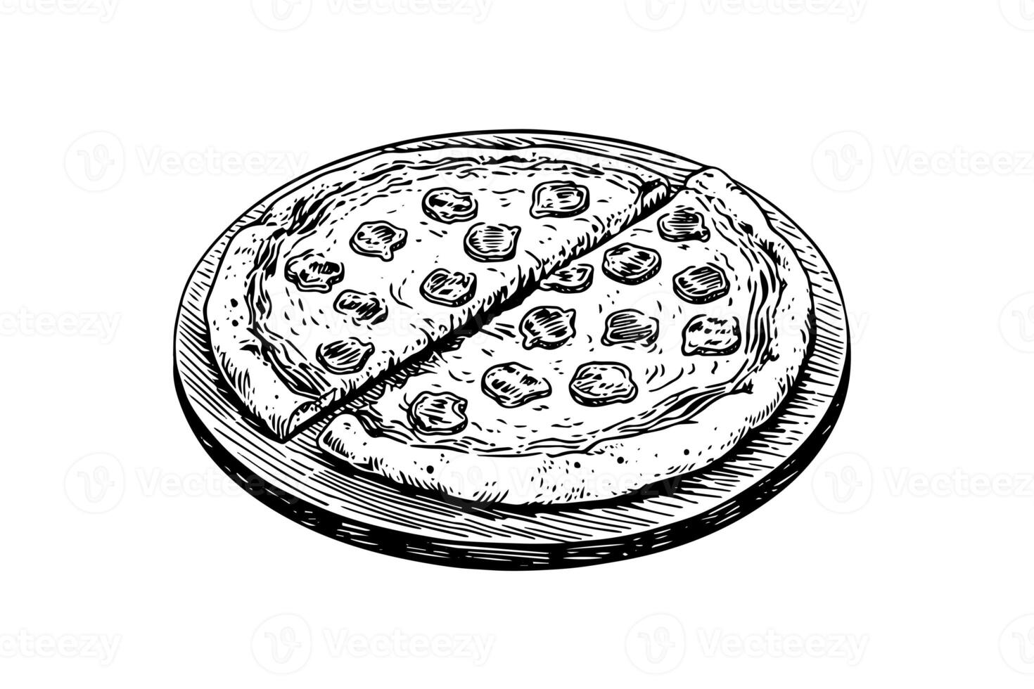 affettato Pizza schizzo mano disegnato incisione stile vettore illustrazione. foto