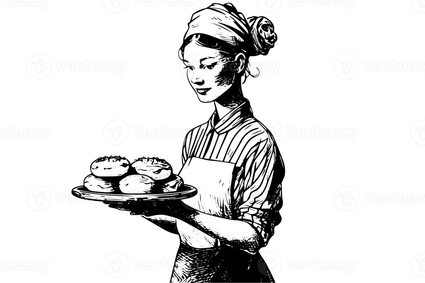 mano disegnato inchiostro schizzo di femmina panettiere con al forno pane su un' vassoio. inciso stile vettore illustrazione. design per logotipo, annuncio. foto