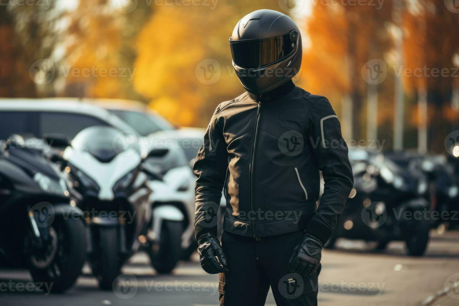 uomo indossare motociclo Ingranaggio e casco, ai generato foto